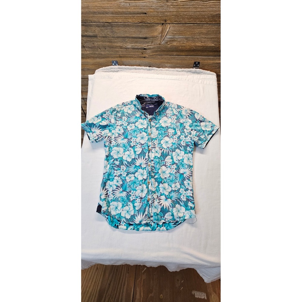Sunrise Kingdom Mens Teal Floral Hibiscus Short Sleeve Button Down Shirt Medium